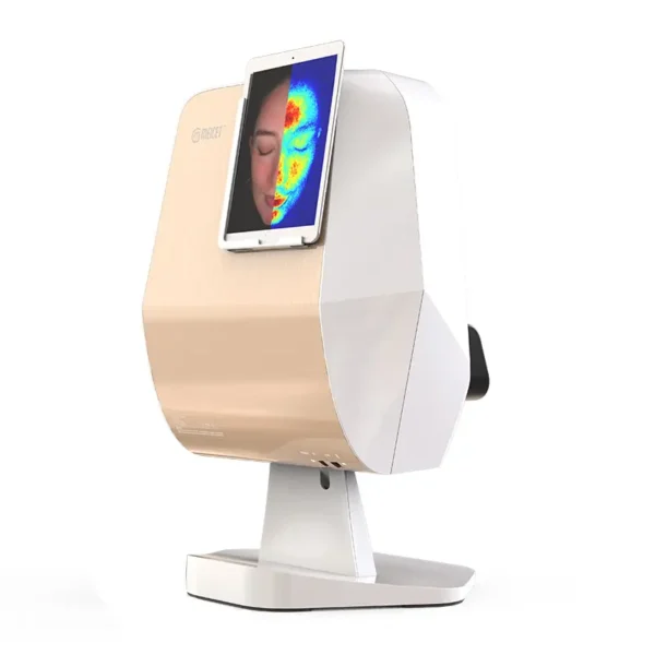 Analizator skóry Meicet 3D z podglądem analizy na iPadzie, Skin Alchemy